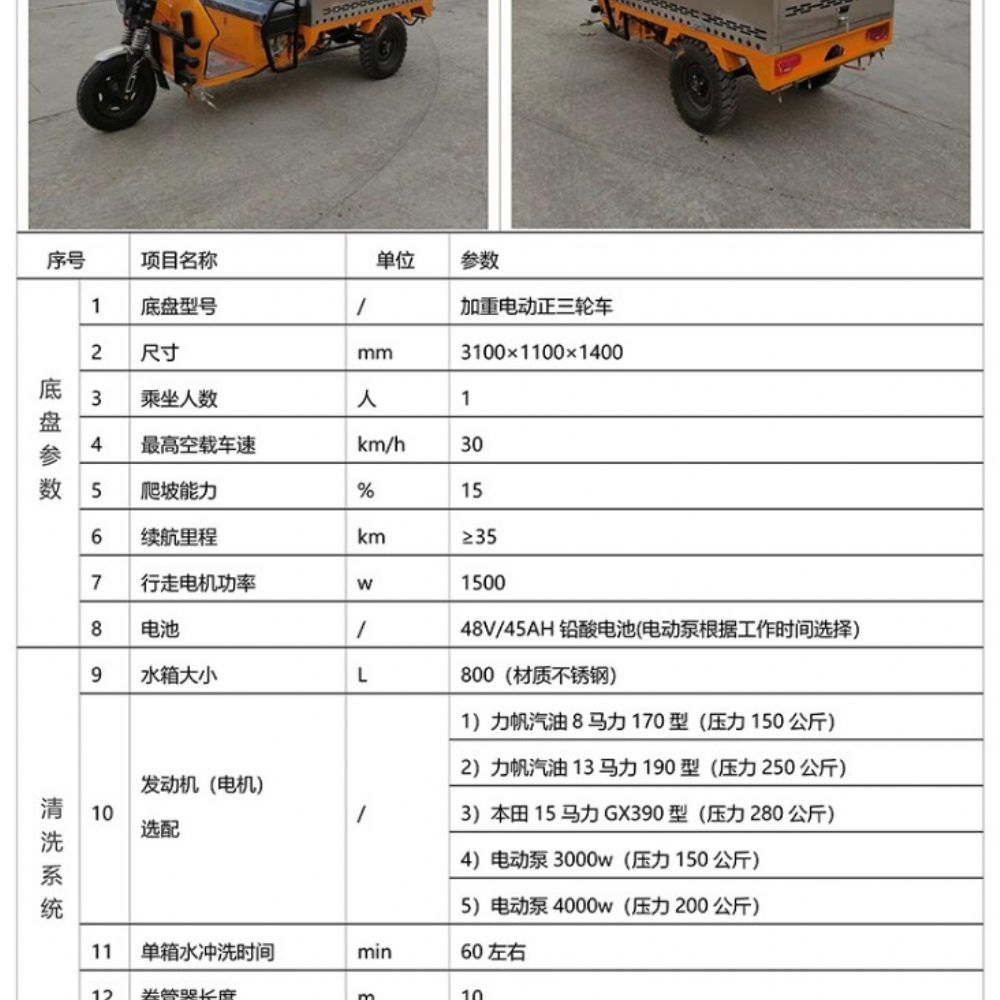 不銹鋼后掀背電動(dòng)三輪高壓清洗車(chē)(800L)Q4